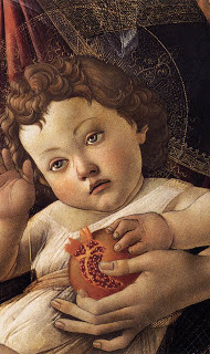 Granaatappel in schilderij botticelli Uitsnede van schilderij van sandro botticelli Christus en Maria met granaatappel